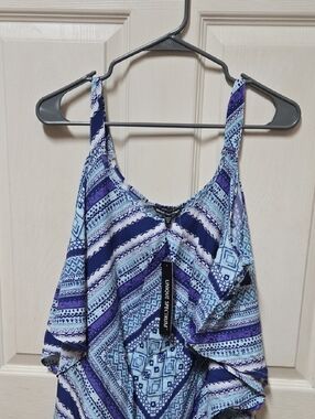 Unique Spectrum Navy, Light Blue & Purple Geometric Ruffle Blouse